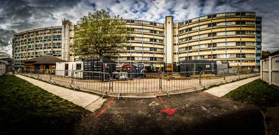 Panoramic picture of major refurbishment by construciton photogr