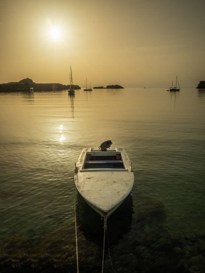 Boat at sunrise. Lindos, Rhodes, Greece