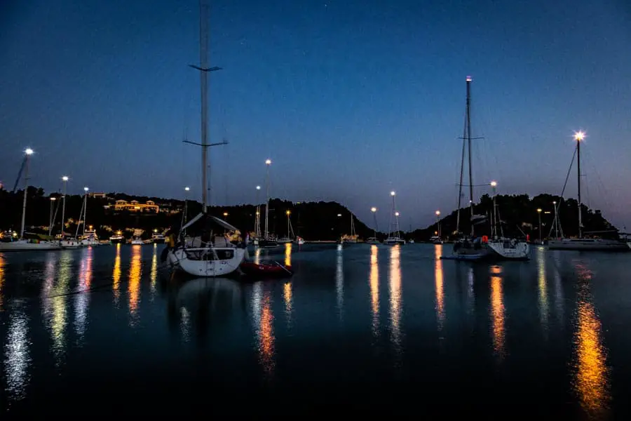 Boats at night in Lakka, Paxos